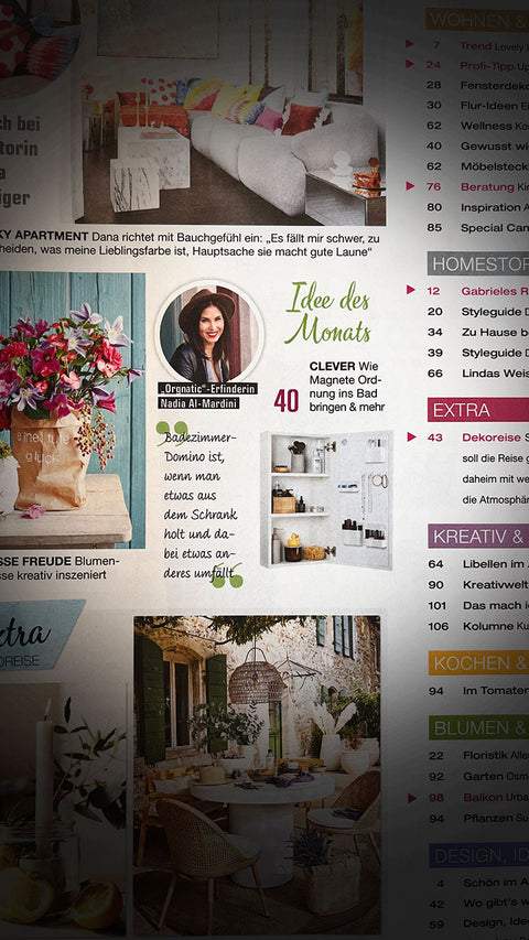 Magazinseite mit ORGNATIC Ordnungssystem im Badezimmerschrank als Idee des Monats für mehr Stauraum